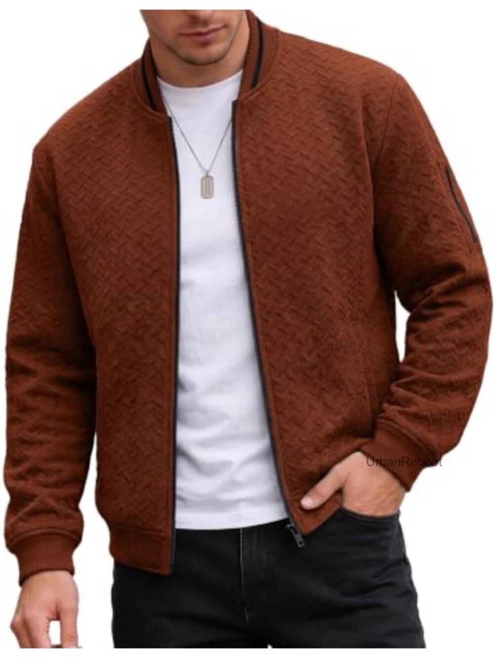 Men's Textured Knit Full Zip Bomber Jacket Multi Pocket Casual